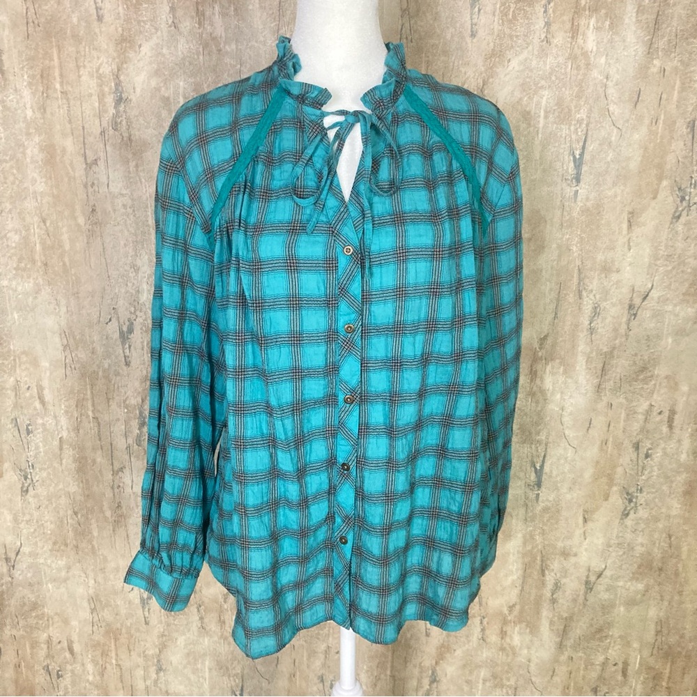 SUNDANCE XS Heather Highland Blouse Teal Plaid Button Ruffle Western Boho EUC